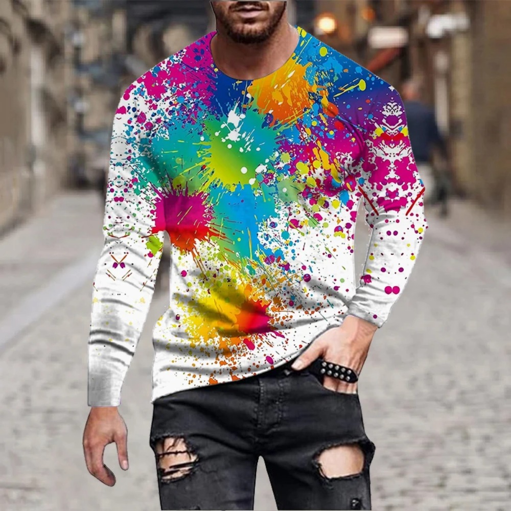 Men'S Fashion Trends 2025 - メンズ レインボーペイントスプラッシュ 3Dプリント 長袖Tシャツ カラフルインクグラフィティTシャツ ノベルティ