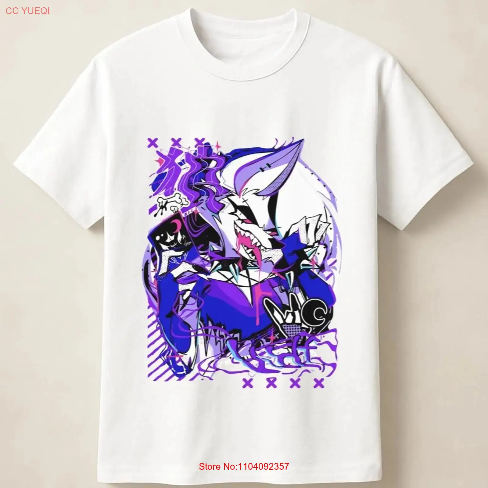 Men'S Fashion Everyday - 紫のアニメ狼のグラフィティポスターが描かれた絶叫アートスタイルTシャツ、ヴィンテージウォッシュ加工、ストレッチ素材、ソフトトップ、普段着に最適