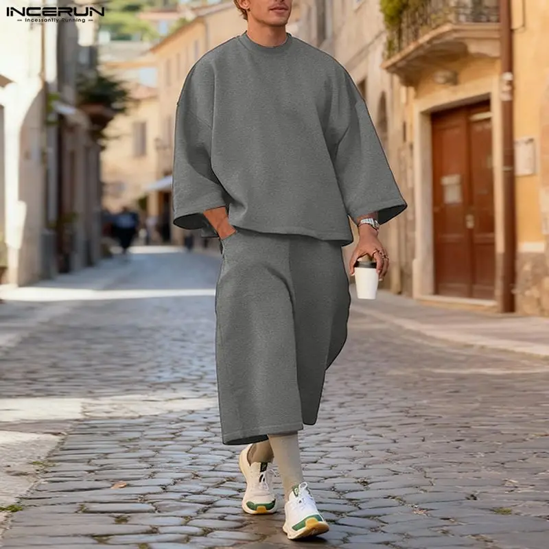Mens Fashion Workwear - INCERUN メンズセット ソリッドカラー バギー 3/4 スリーブ