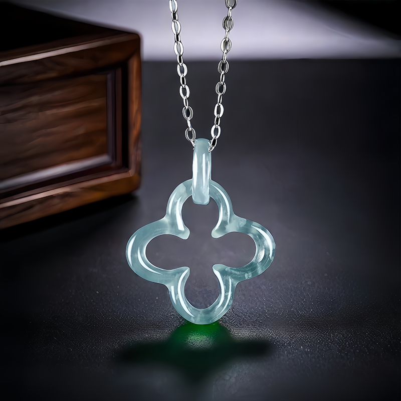 Men'S Fashion Necklaces - ブルージェイド4リーフクローバーペンダントネックレス、天然バームジェイド、彫刻された本物のジュエリー、男性のための高級チャーム、ファッション