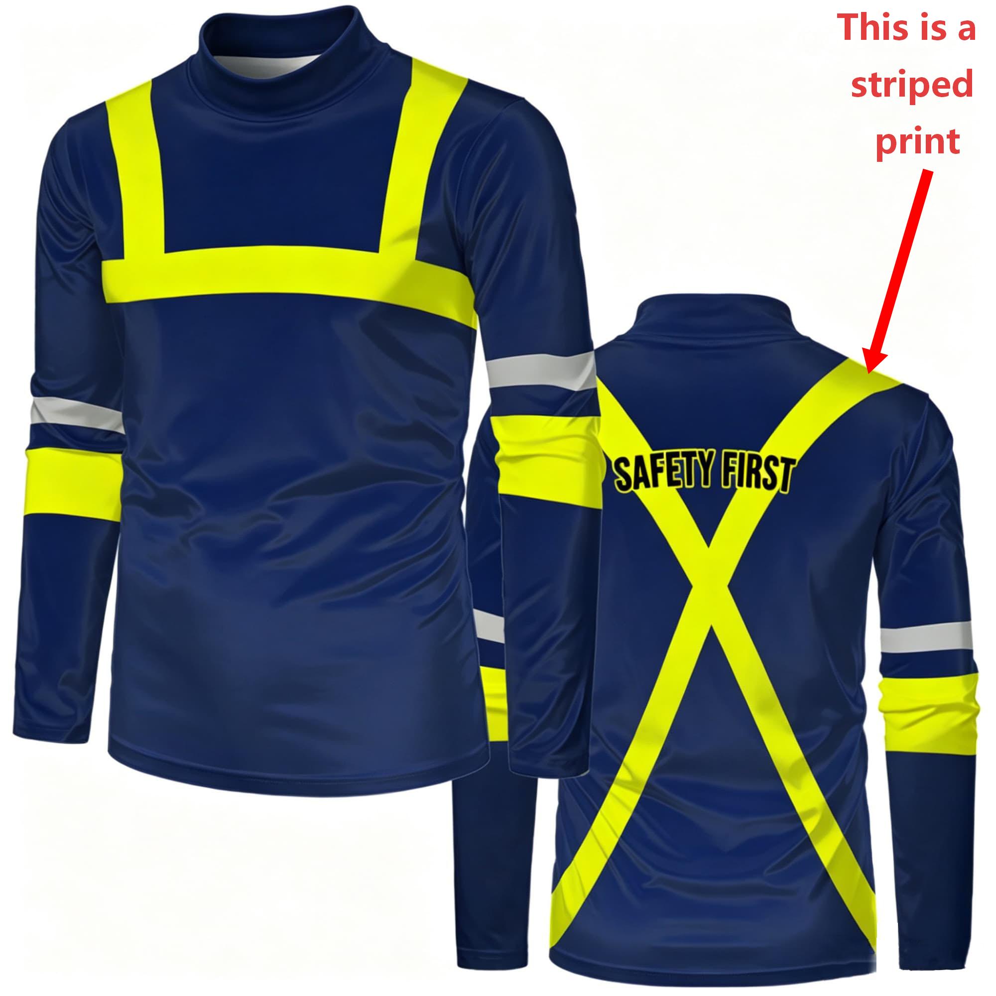 Men'S Fashion Trends 2025 - メンズモックネック長袖Tシャツ、フェイク安全作業ベスト、ビジュアルプリント、安全第一、レターコントラストストライプ、デイリーワークカジュアルトップス