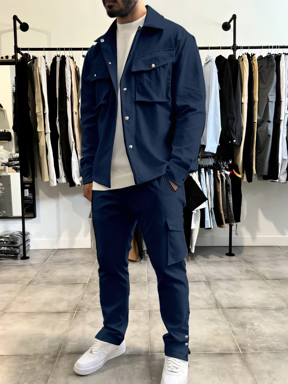 Mens Fashion Workwear - メンズファッションソリッドカラーワークウェア春秋新作長袖ジャケットとパンツセットカジュアルスポーティマルチポケットデザイン