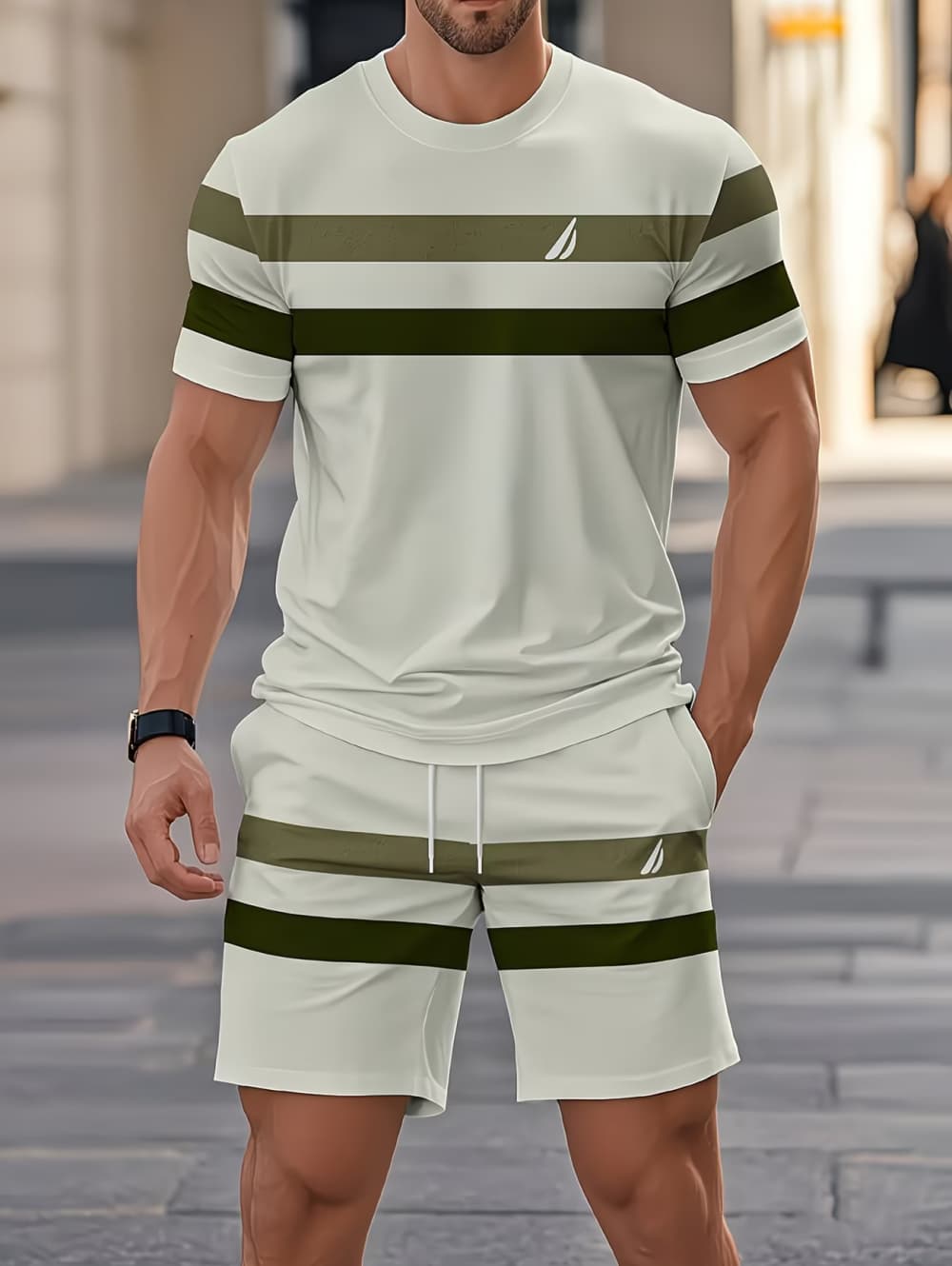 Mens Fashion Workwear - メンズサマーセット面白い3Dストライププリント半袖Tシャツ+ショートパンツ2ピースファッションルーズメンズアウトフィットカジュアルシンプルスポーツスーツ