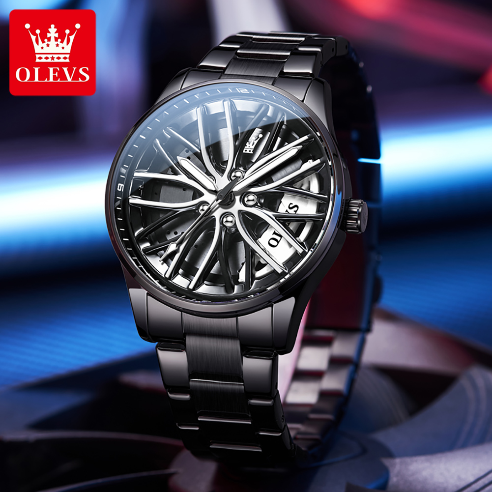 Men'S Fashion Hub - OLEVS メンズ腕時計 クリエイティブ3D回転車輪デザイン ファッションクォーツ腕時計 車好きへのギフト
