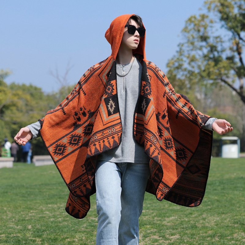 Mens Fashion Poncho - 男性用ポンチョ イミテーションカシミア アルパカ風 エスニック ウインドブレーカー 多用途