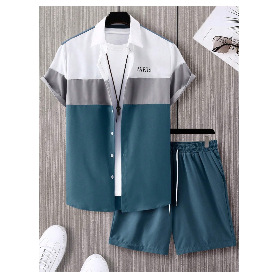 Mens Fashion Workwear - メンズファッションスーツ 青と白のパッチワークカラー シングルブレスト半袖ラペルシャツとショートパンツ Y2K メンズツーピーススーツ