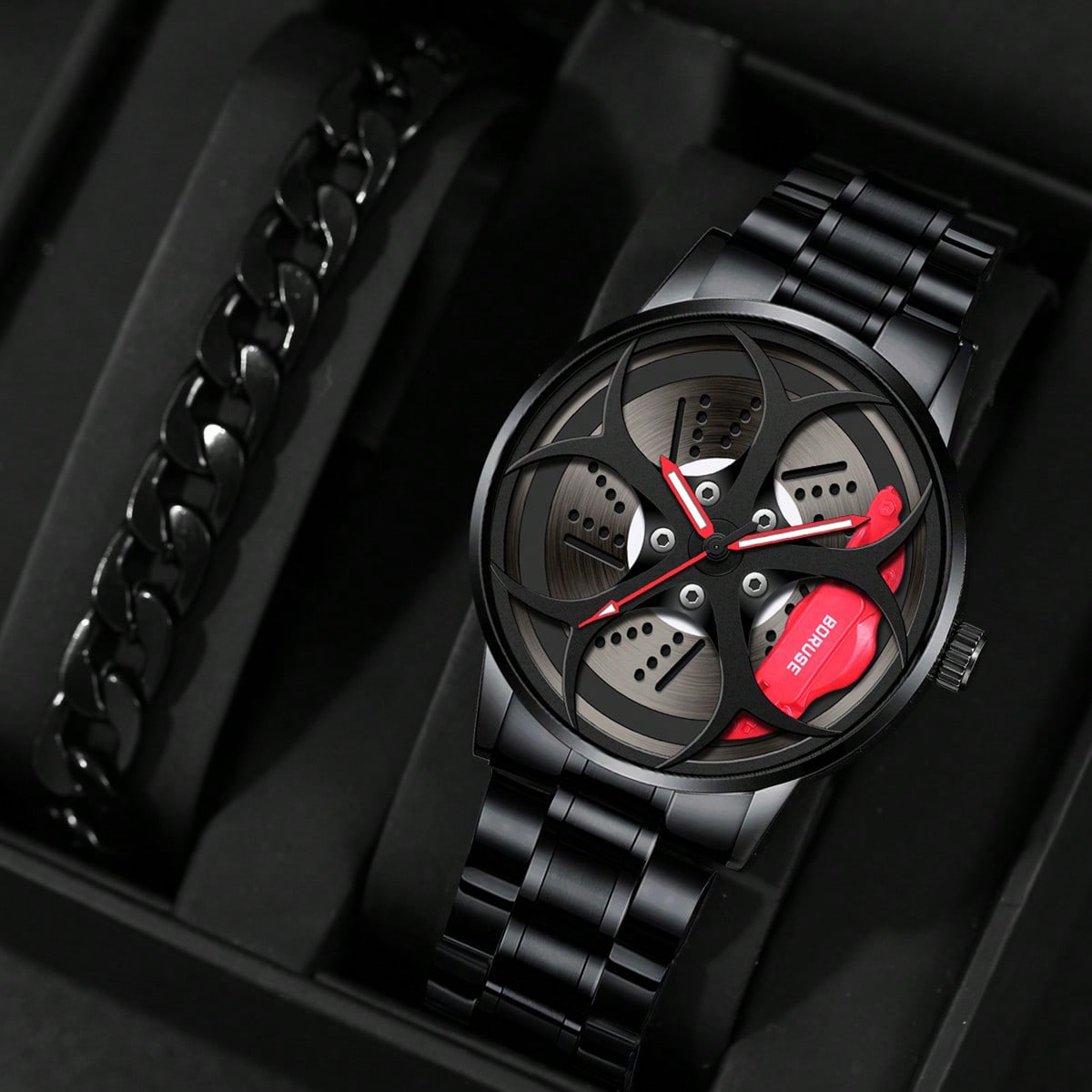Men'S Fashion Hub - 男性用高級車時計セット,防水クォーツ腕時計,ステンレス鋼,ハブブレスレット,スポーツ,ファッション,2個