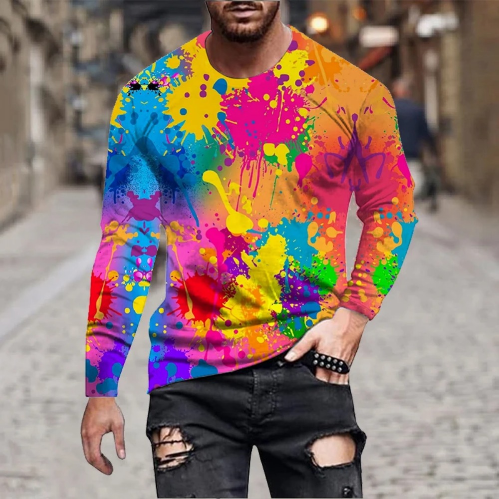 メンズ レインボーペイントスプラッシュ 3Dプリント 長袖T - Men'S Fashion Trends 2025 のレビューと価格
