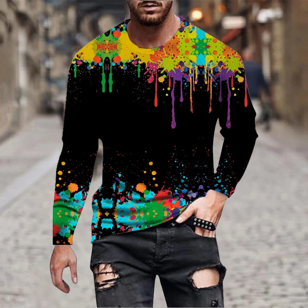 メンズ レインボーペイントスプラッシュ 3Dプリント 長袖T - Men'S Fashion Trends 2025 のレビューと価格