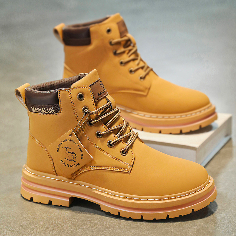 クラシックメンズハイカットブーツ高品質イエローレザーブーツフ - Mens Fashion Trainers のレビューと価格