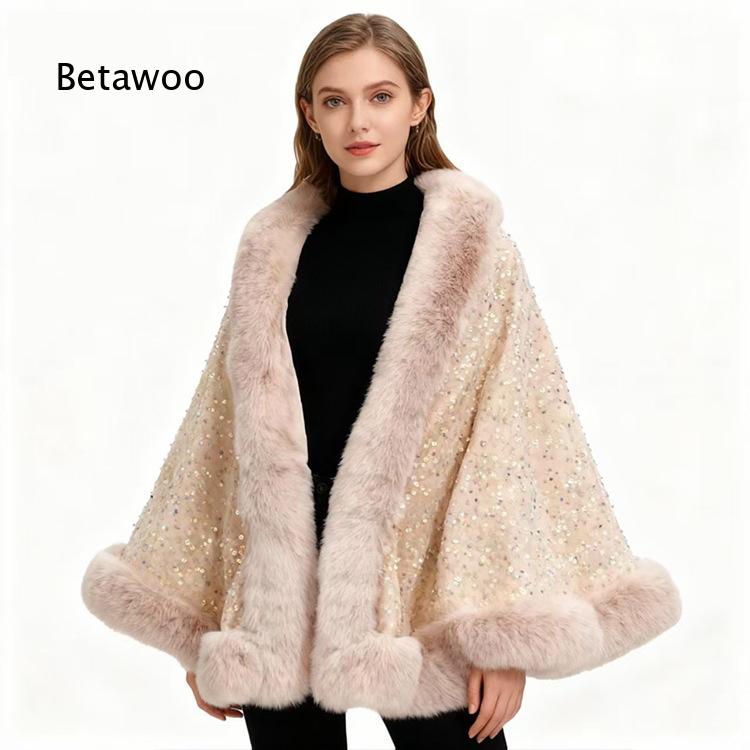 女性用ショートポンチョケープ、ファーの襟とスパンコール装飾、 - Mens Fashion Poncho のレビューと価格