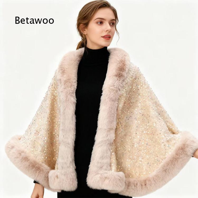 女性用ショートポンチョケープ、ファーの襟とスパンコール装飾、 - Mens Fashion Poncho のレビューと価格