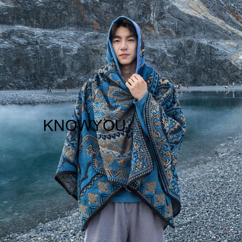 メンズ厚手アウトドア旅行用ショール帽子付き暖かいマント男性ポ - Mens Fashion Poncho のレビューと価格